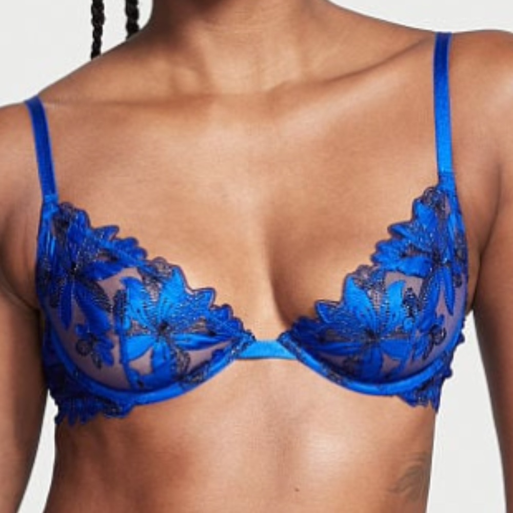 NWOT VERY SEXY Unlined Floral Embroidery Demi Bra in Blue Oar/cobalt & black 36D